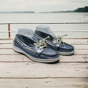 Coach Richelle Gray/Silver Leather Boat Shoes with Sparkles, Worn Twice, Size 7